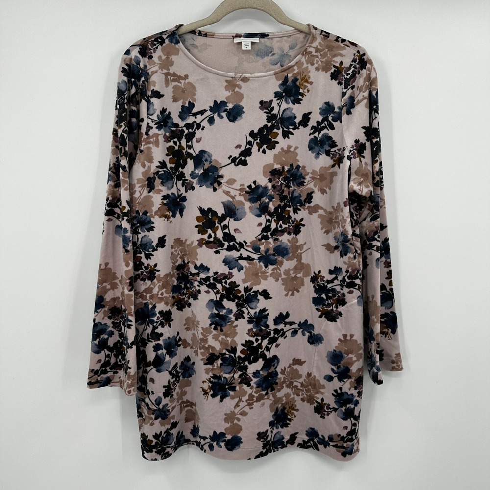 Pure Jill Floral Print Long Sleeve Tunic Top Women Medium Pink Brown Blue Velvet